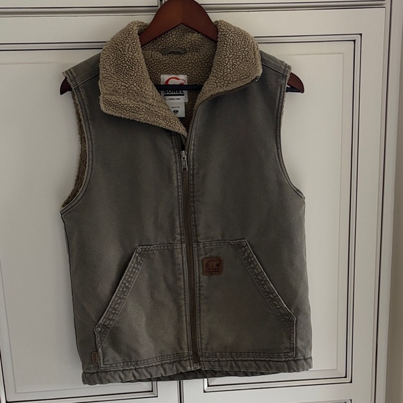 Sorel Duck Canvas Khaki Sherpa Fleece Lined Zip Vest Work Outdoors Mens Small - Picture 2 of 14